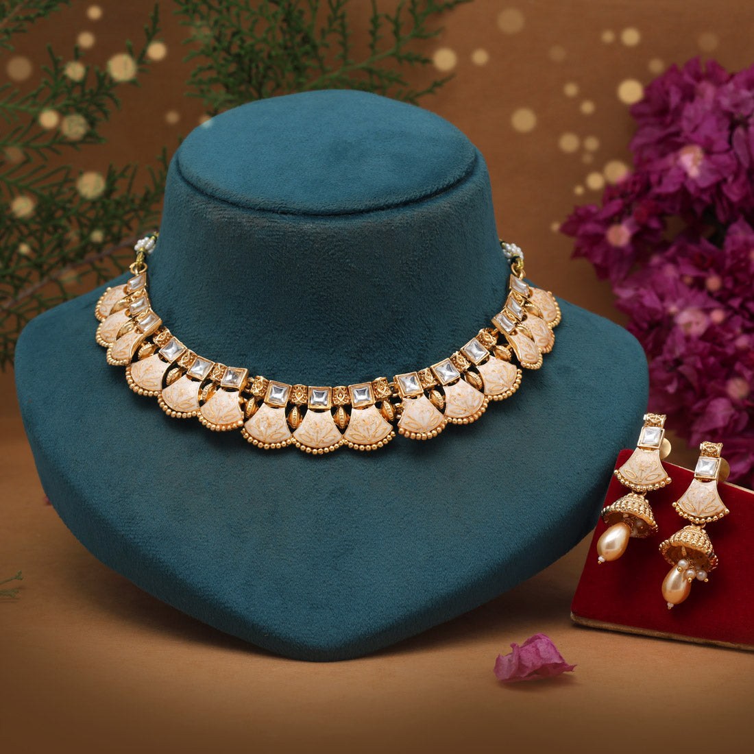 White Color Matte Gold Meenakari Necklace Set (MKN607WHT)