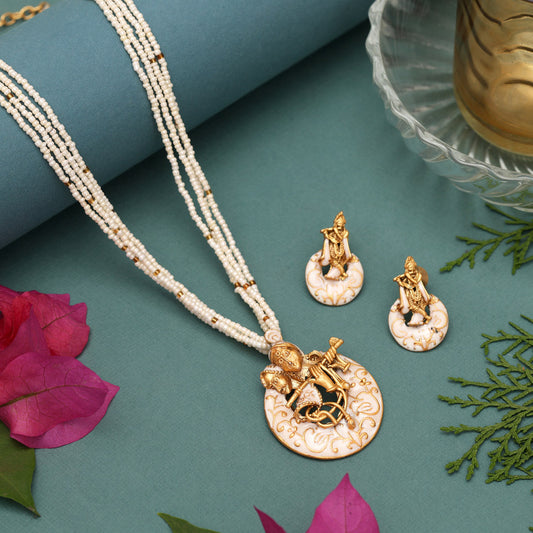 White Color Lord Radha Krishna Matte Gold Meenakari Necklace Set (MKN611WHT)