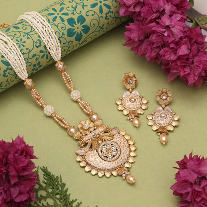 Gold Color Matte Gold Meenakari Necklace Set (MKN615GLD)