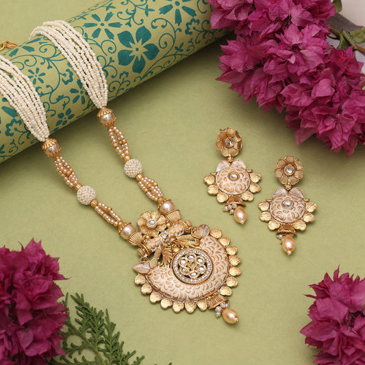 Gold Color Matte Gold Meenakari Necklace Set (MKN615GLD)