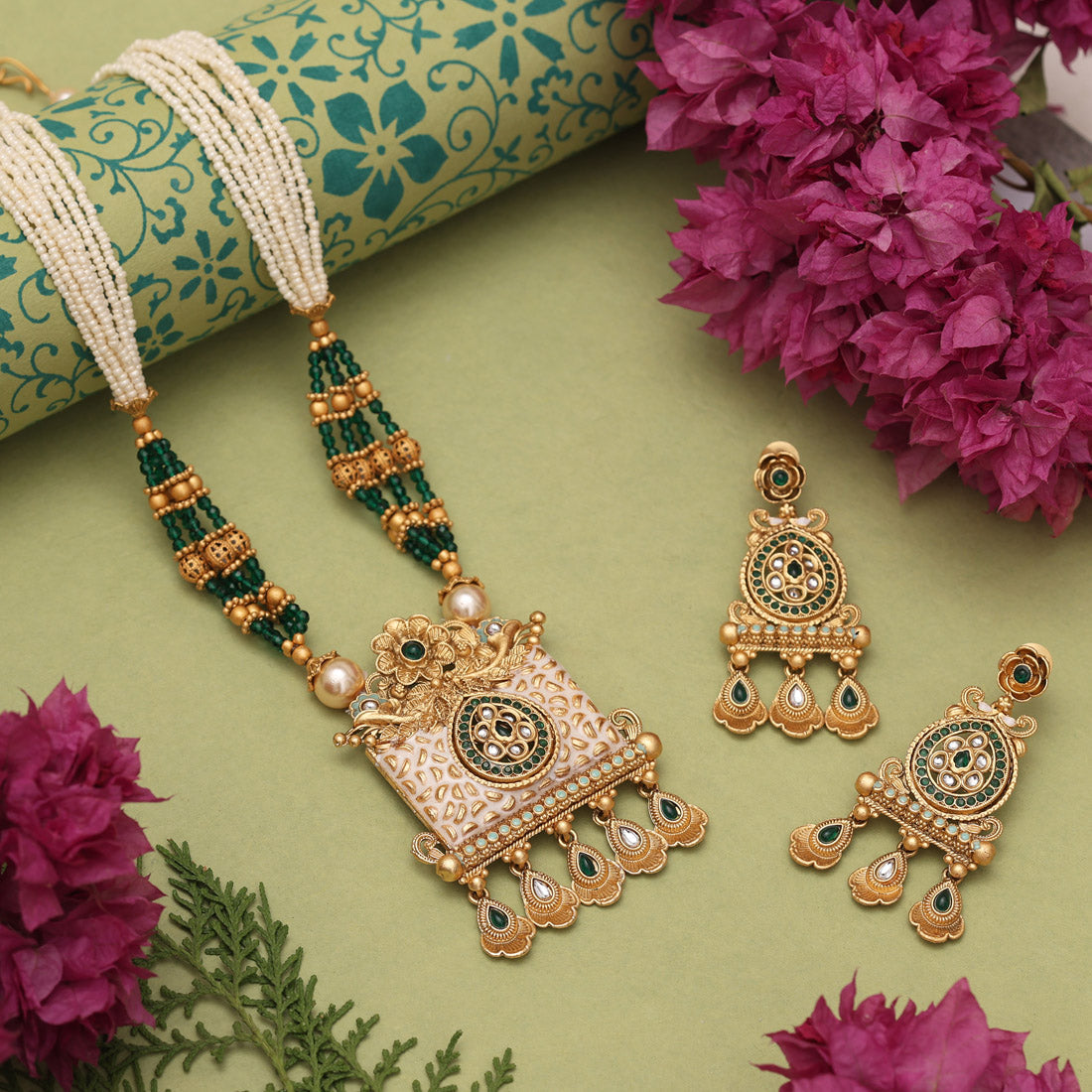 Green Color Matte Gold Meenakari Necklace Set (MKN616GRN)
