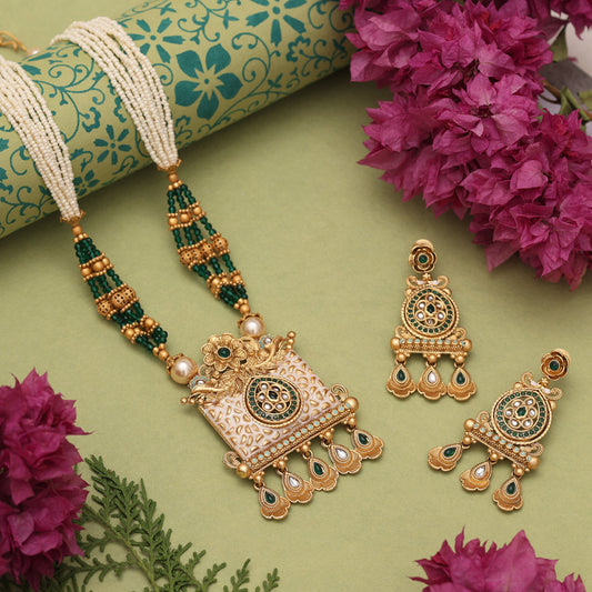 Green Color Matte Gold Meenakari Necklace Set (MKN616GRN)