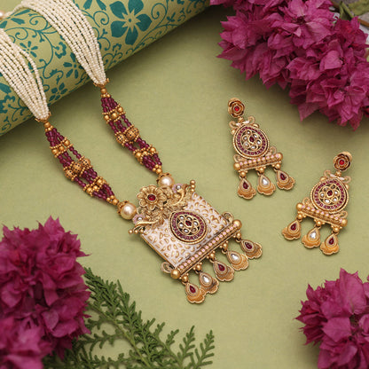 Rani Color Matte Gold Meenakari Necklace Set (MKN616RNI)