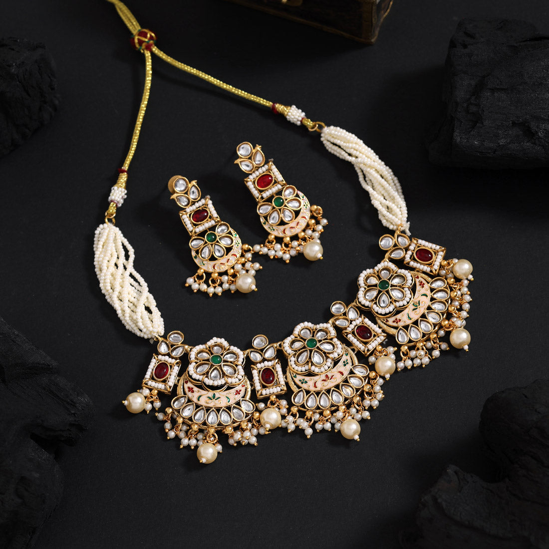 Rani & Green Color Choker Matte Gold Meenakari Necklace Set (MKN618RNIGRN)
