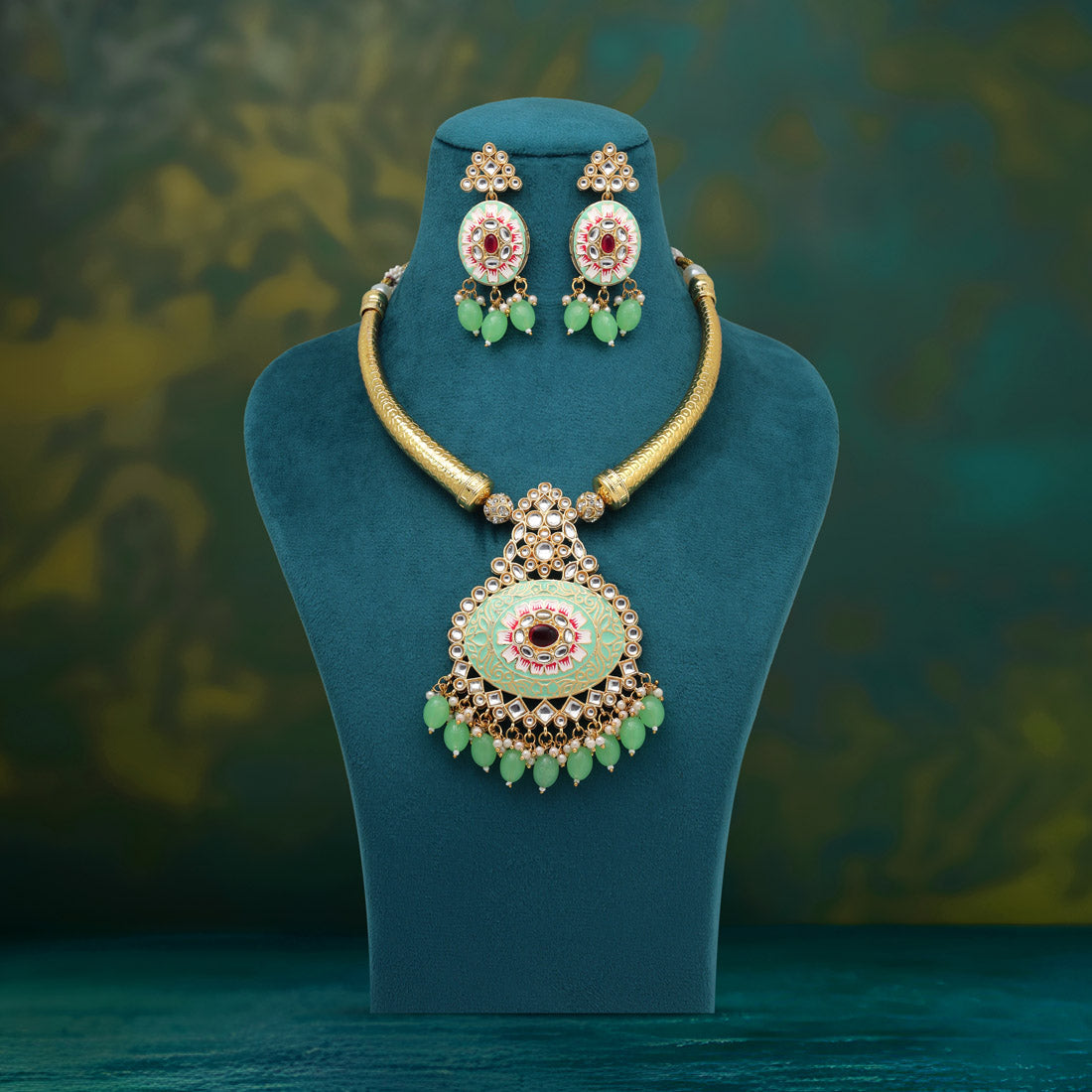 Parrot Green Color Amazing Handmade Kundan Meenakari Hasli Necklace Of Jaipur (MKN621PGRN)