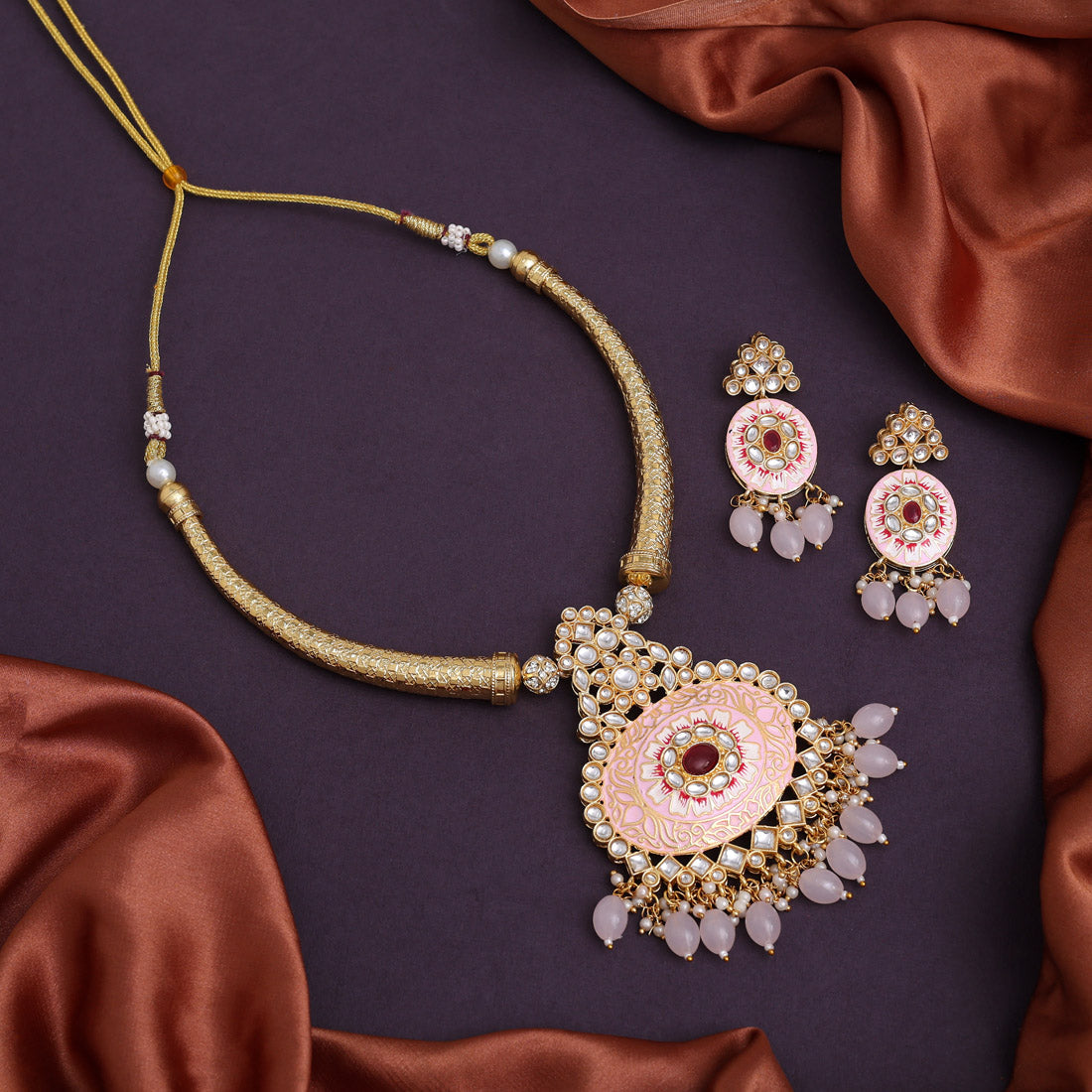 Pink Color Amazing Handmade Kundan Meenakari Hasli Necklace Of Jaipur (MKN621PNK)