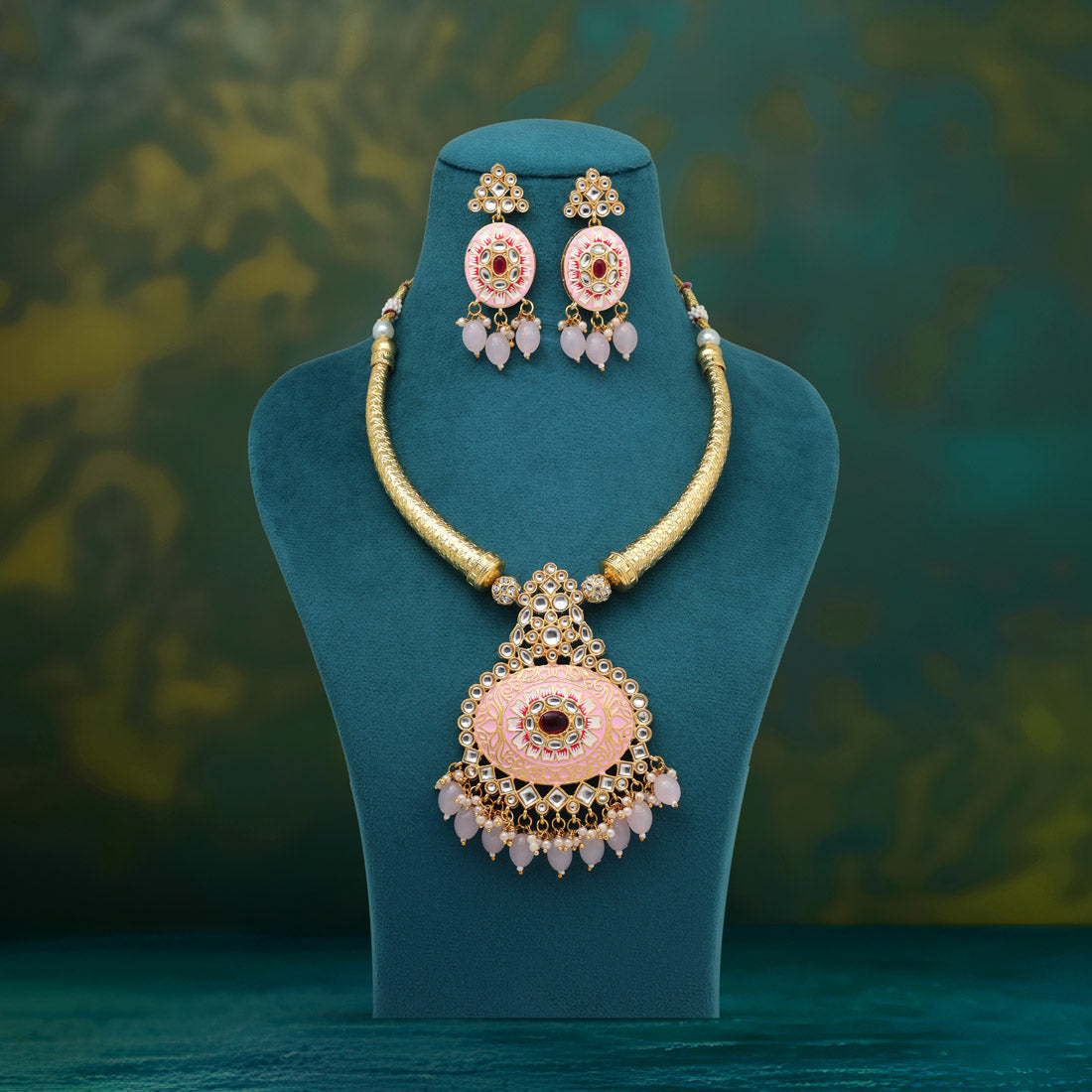 Pink Color Amazing Handmade Kundan Meenakari Hasli Necklace Of Jaipur (MKN621PNK)