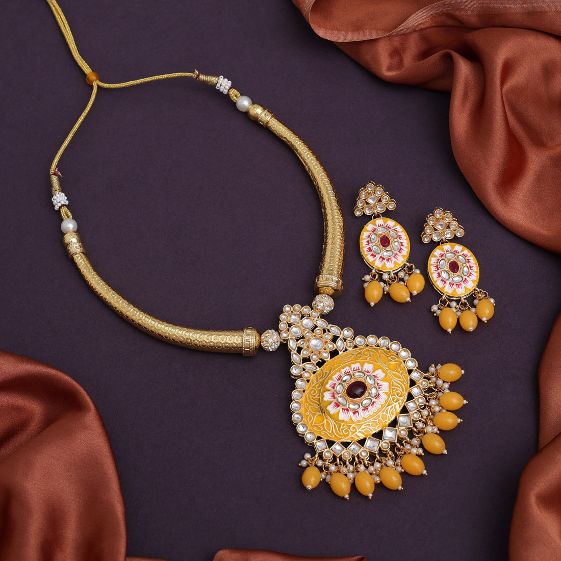 Yellow Color Amazing Handmade Kundan Meenakari Hasli Necklace Of Jaipur (MKN621YLW)