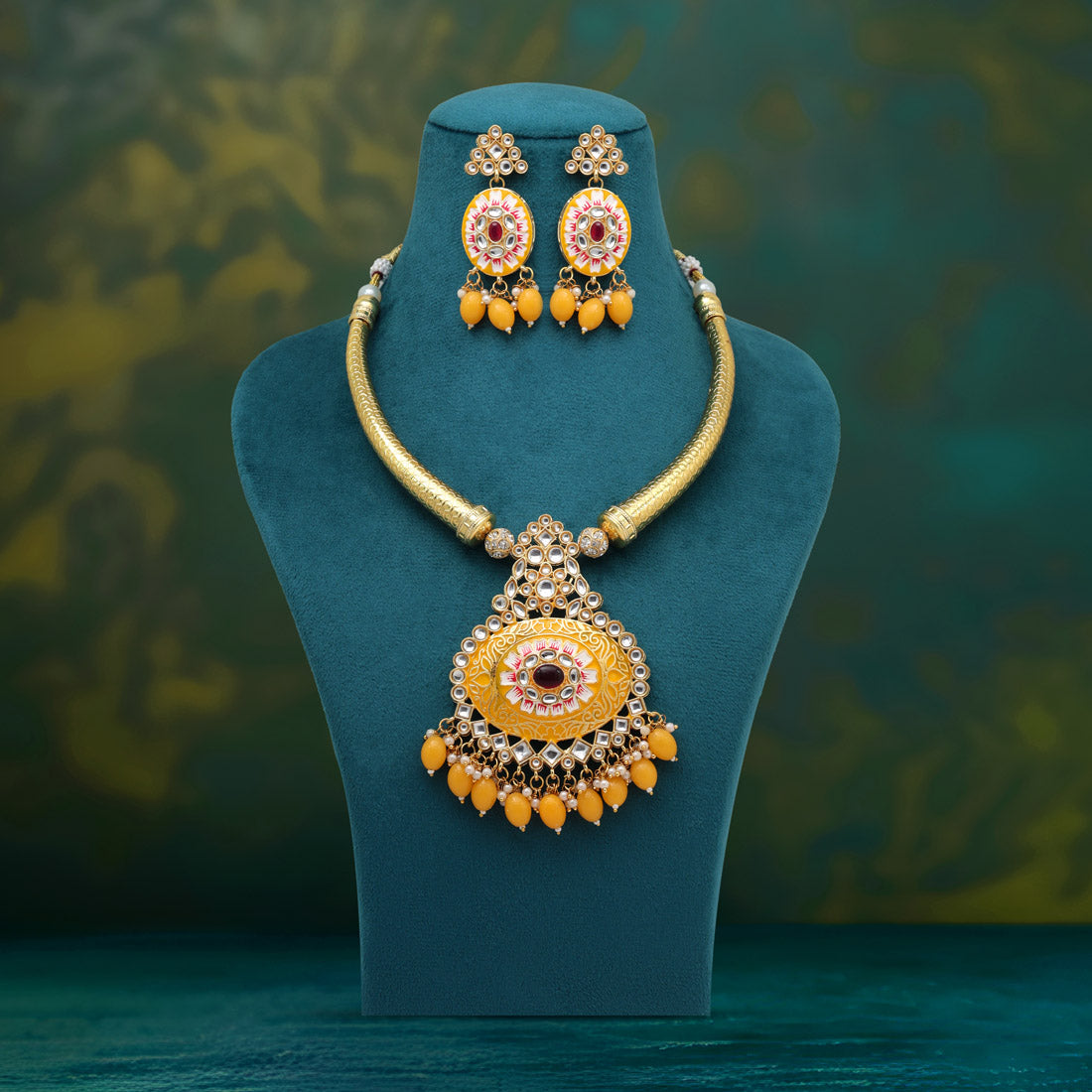 Yellow Color Amazing Handmade Kundan Meenakari Hasli Necklace Of Jaipur (MKN621YLW)