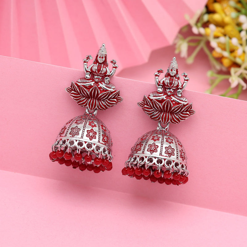 Red Color Goddess Laxmi Temple Mint Meena Earrings (MNTE469RED)