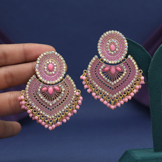 Pink Color Glass Stone Mint Meena Earrings