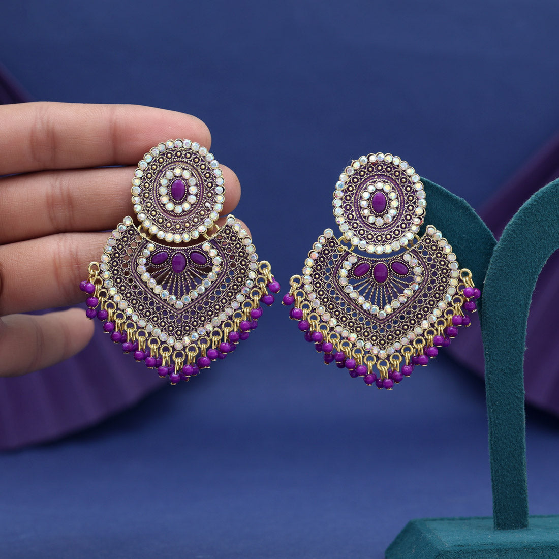 Purple Color Glass Stone Mint Meena Earrings