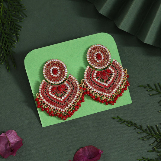 Red Color Glass Stone Mint Meena Earrings