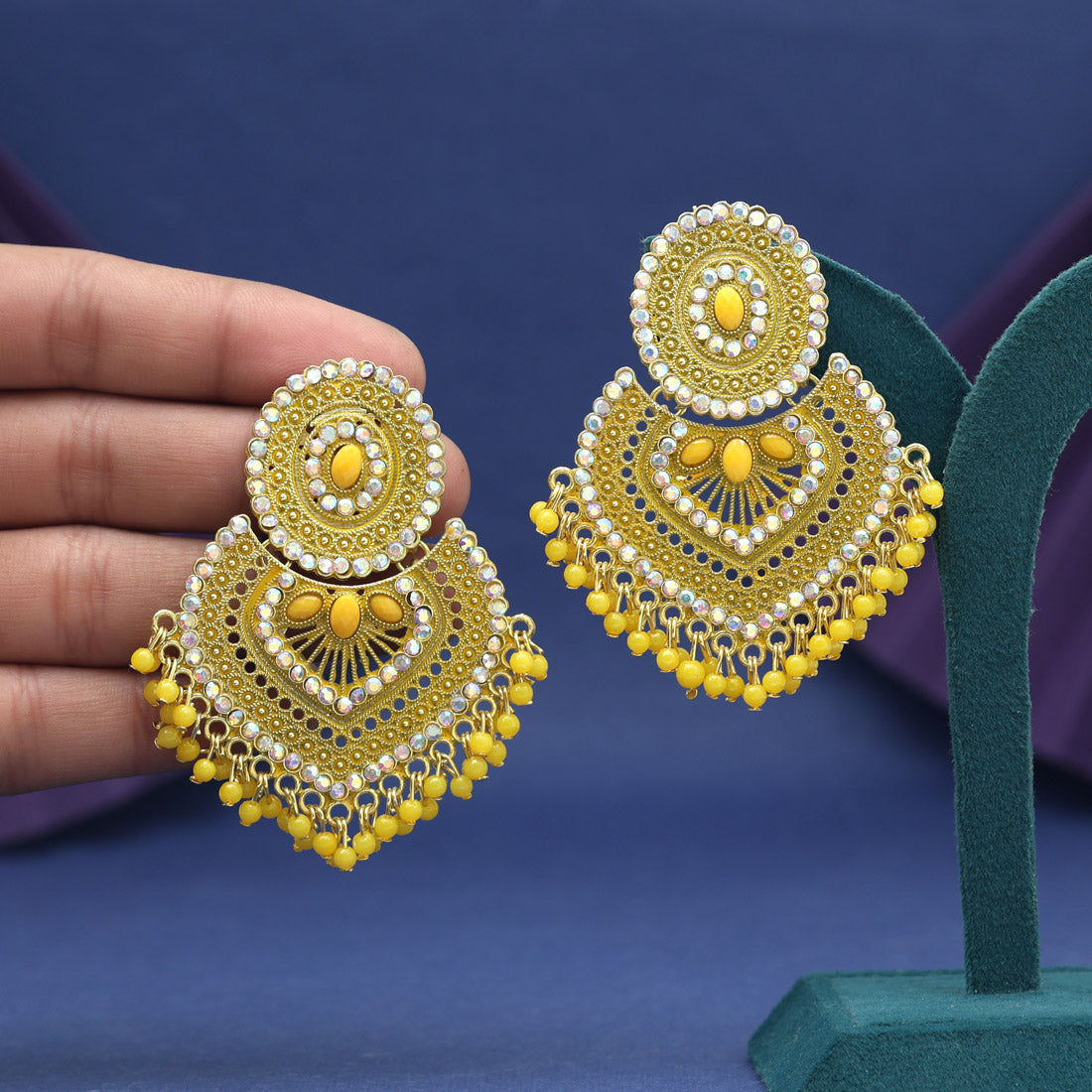 Yellow Color Glass Stone Mint Meena Earrings
