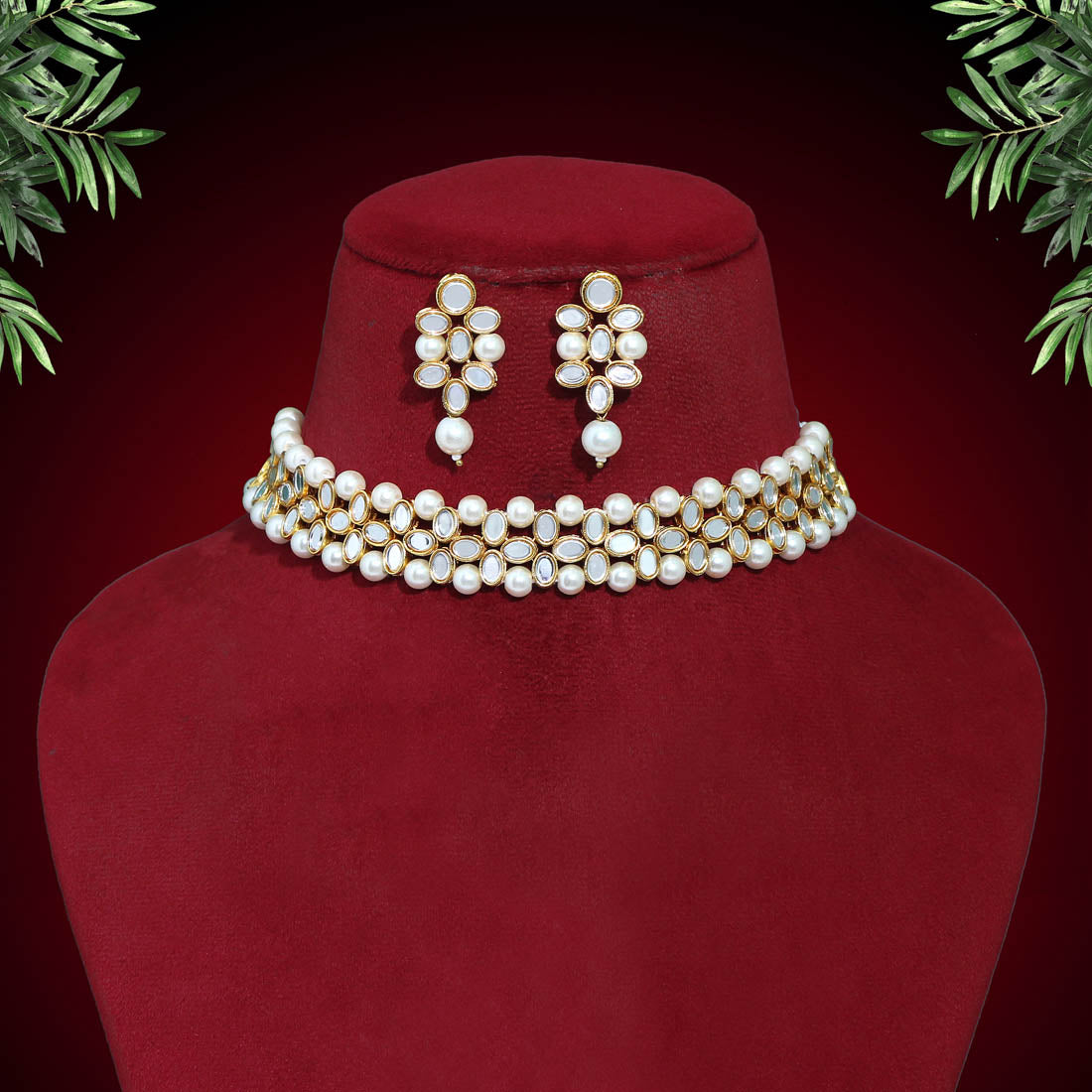White Color Kundan Mirror Necklaces Set (MRN111WHT)