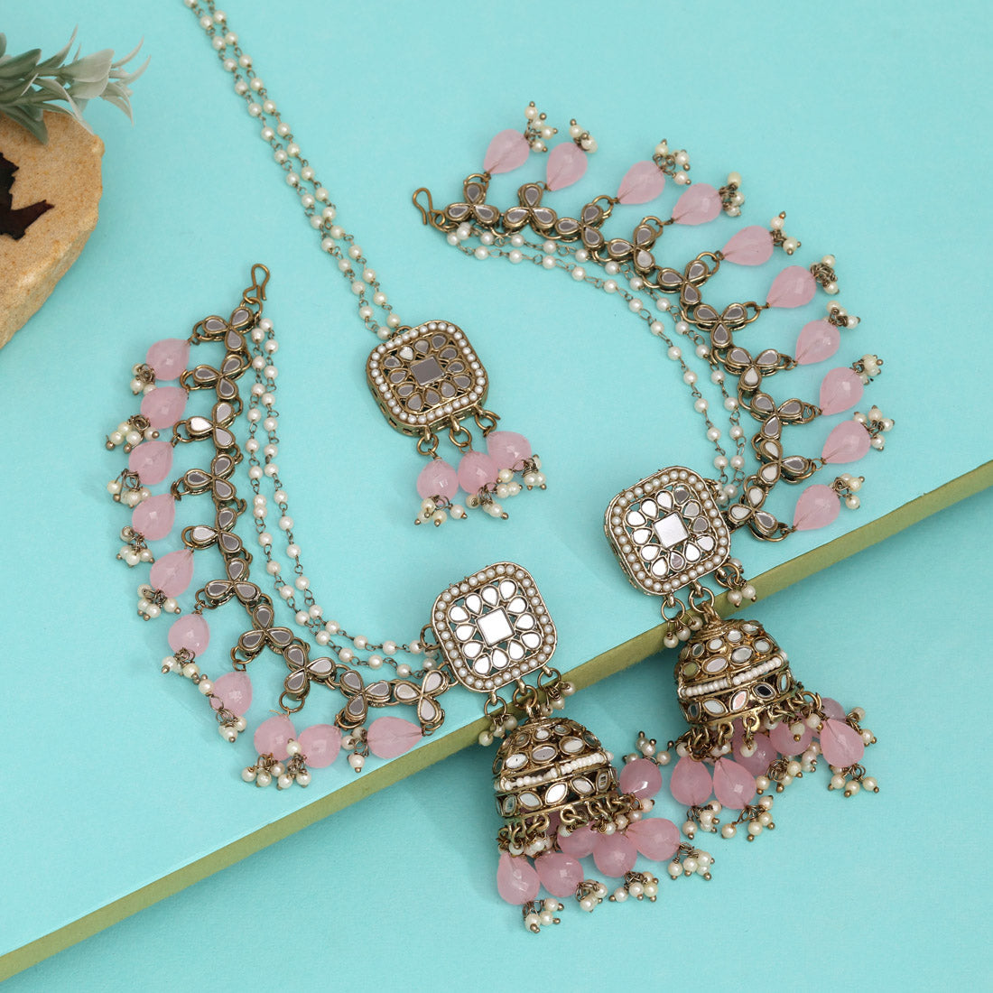 Pink Color Earrings With Maang Tikka (MTKE473PNK)