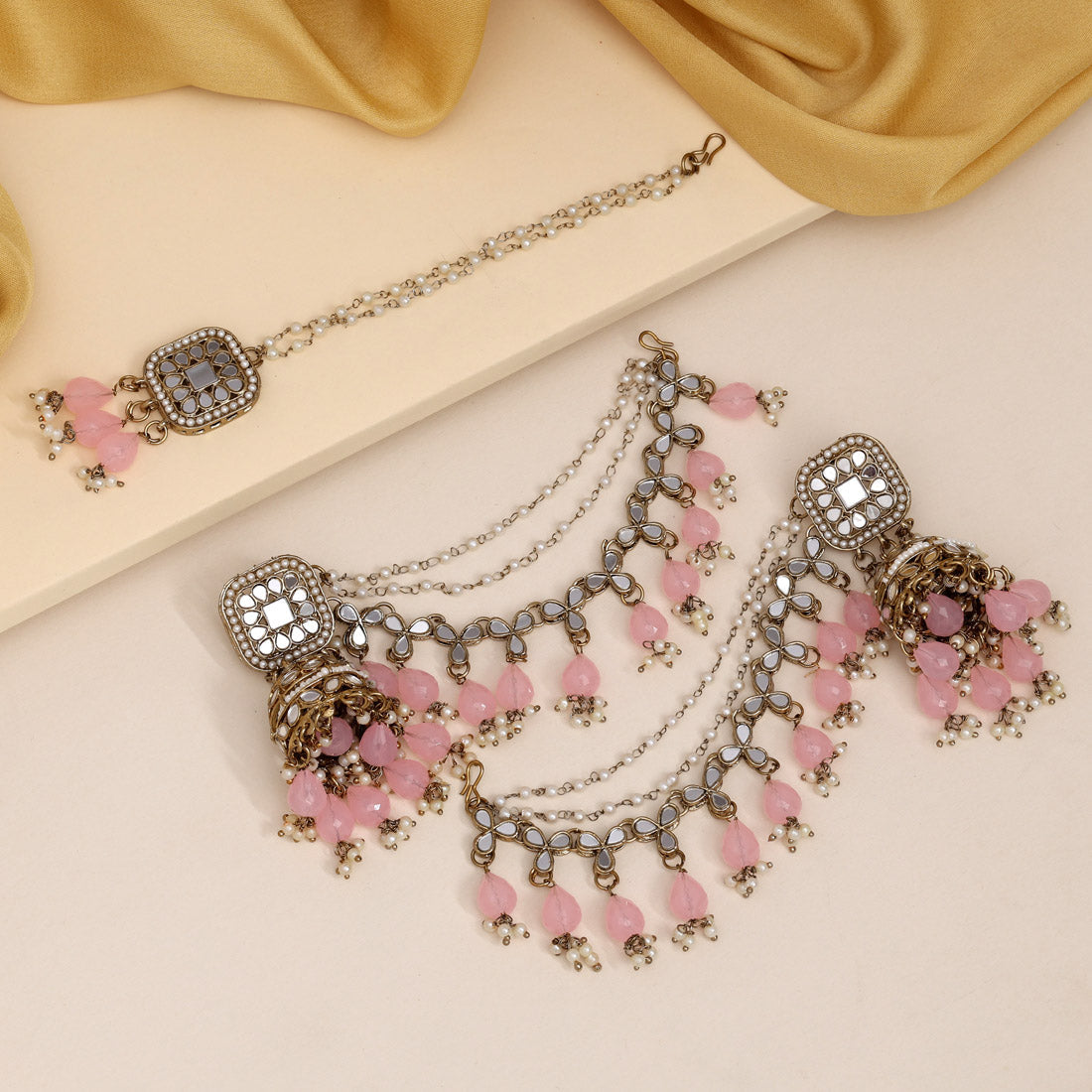 Pink Color Earrings With Maang Tikka (MTKE473PNK)