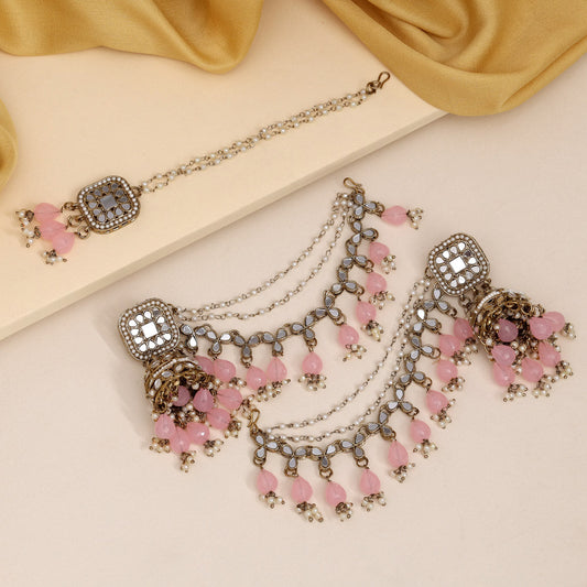 Pink Color Earrings With Maang Tikka (MTKE473PNK)