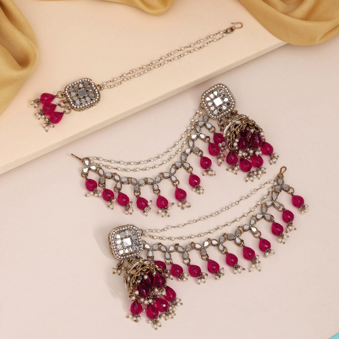 Rani Color Earrings With Maang Tikka (MTKE473RNI)