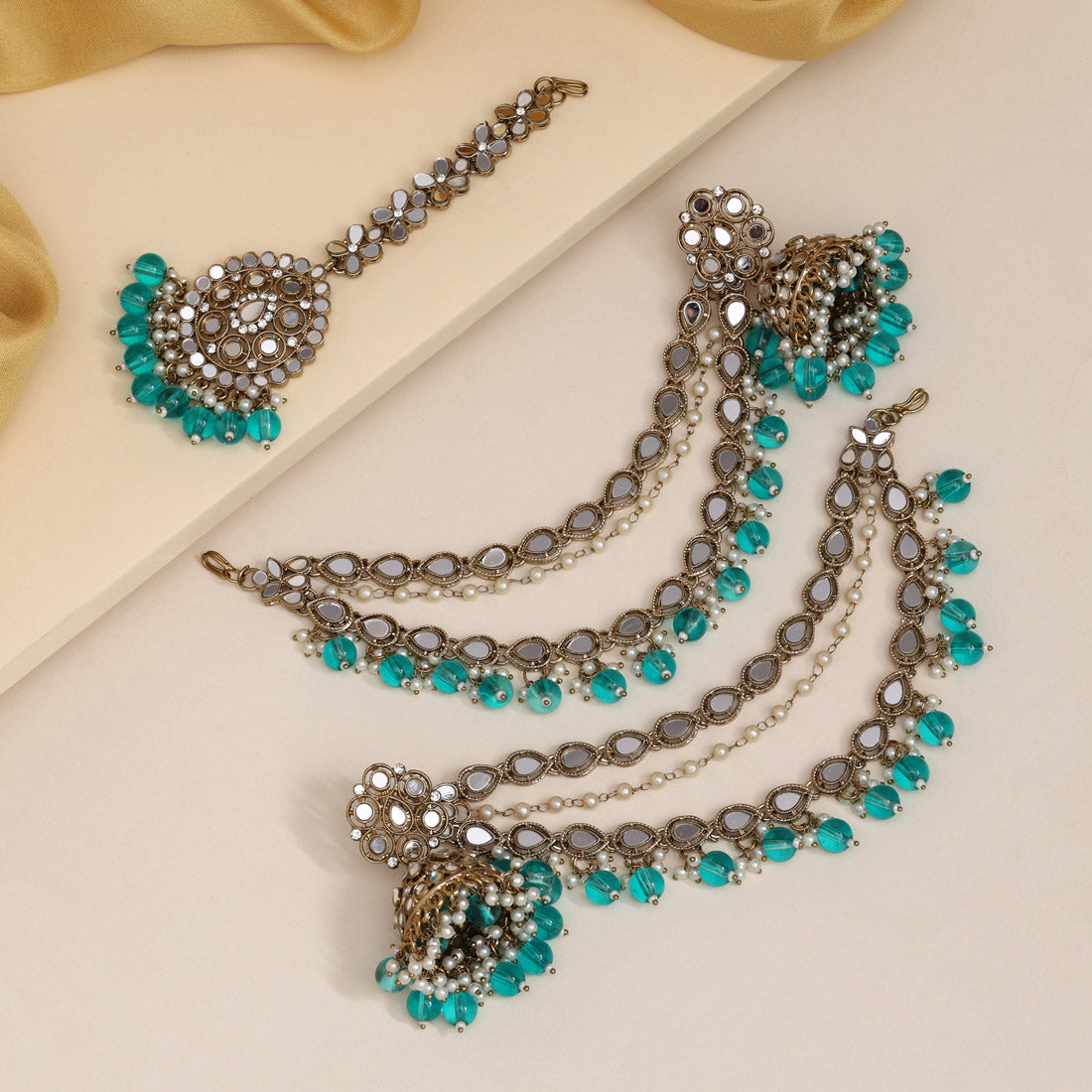 Rama Green Color Earrings With Maang Tikka (MTKE474RGRN)