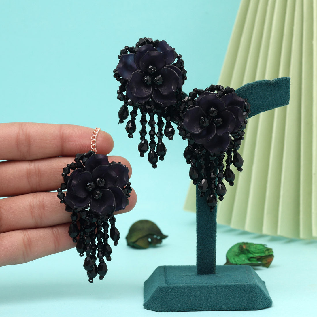 Black Color Stone Earrings With Maang Tikka (MTKE478BLK)