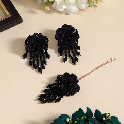 Black Color Stone Earrings With Maang Tikka (MTKE478BLK)