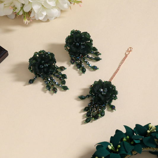 Green Color Stone Earrings With Maang Tikka (MTKE478GRN)
