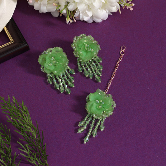 Parrot Green Color Stone Earrings With Maang Tikka (MTKE478PGRN)