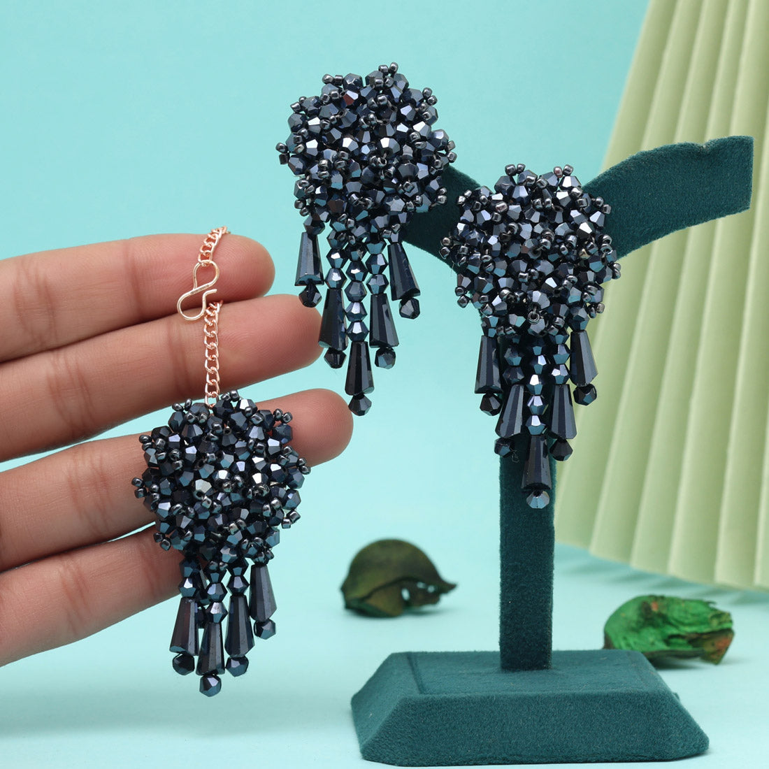 Navy Blue Color Stone Earrings With Maang Tikka (MTKE479NBLU)