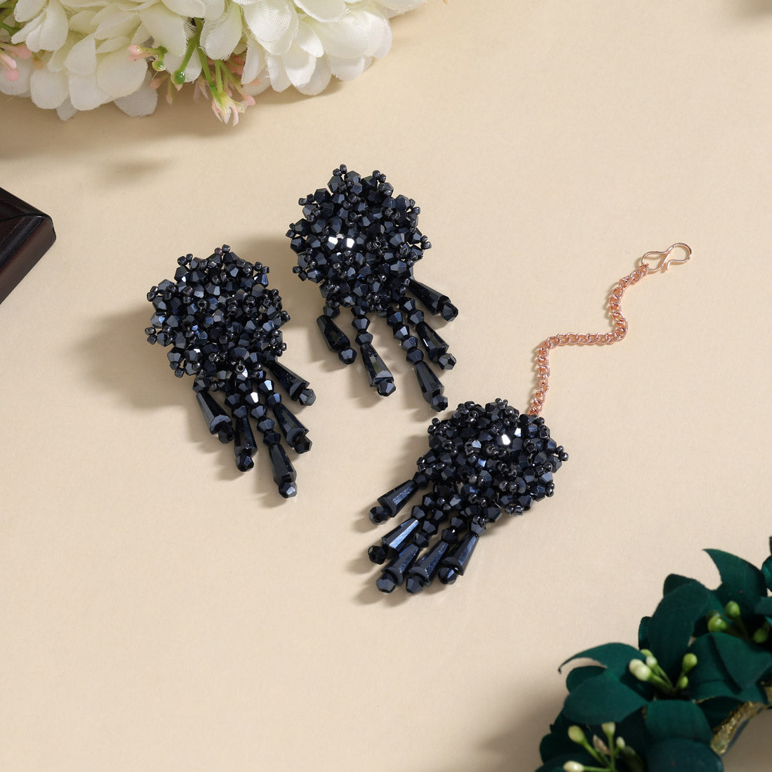 Navy Blue Color Stone Earrings With Maang Tikka (MTKE479NBLU)