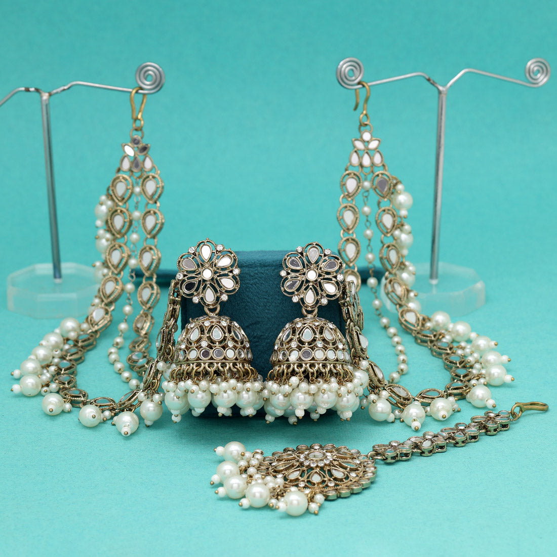 Ivory White Color Mirror Earrings With Maang Tikka