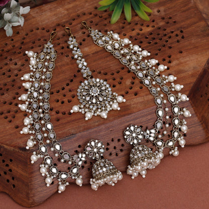 Ivory White Color Mirror Earrings With Maang Tikka