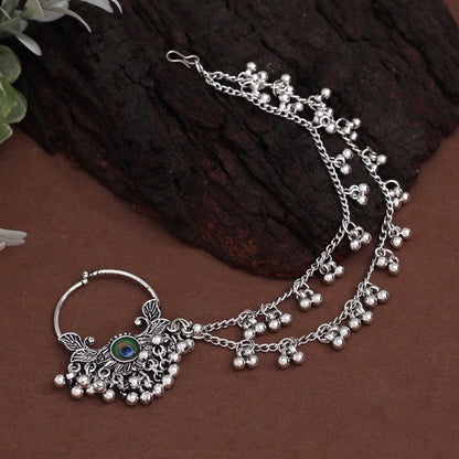 Silver Color Peacock Feather 6 Pieces Of Oxidised Nose Nath (NTH115CMB)