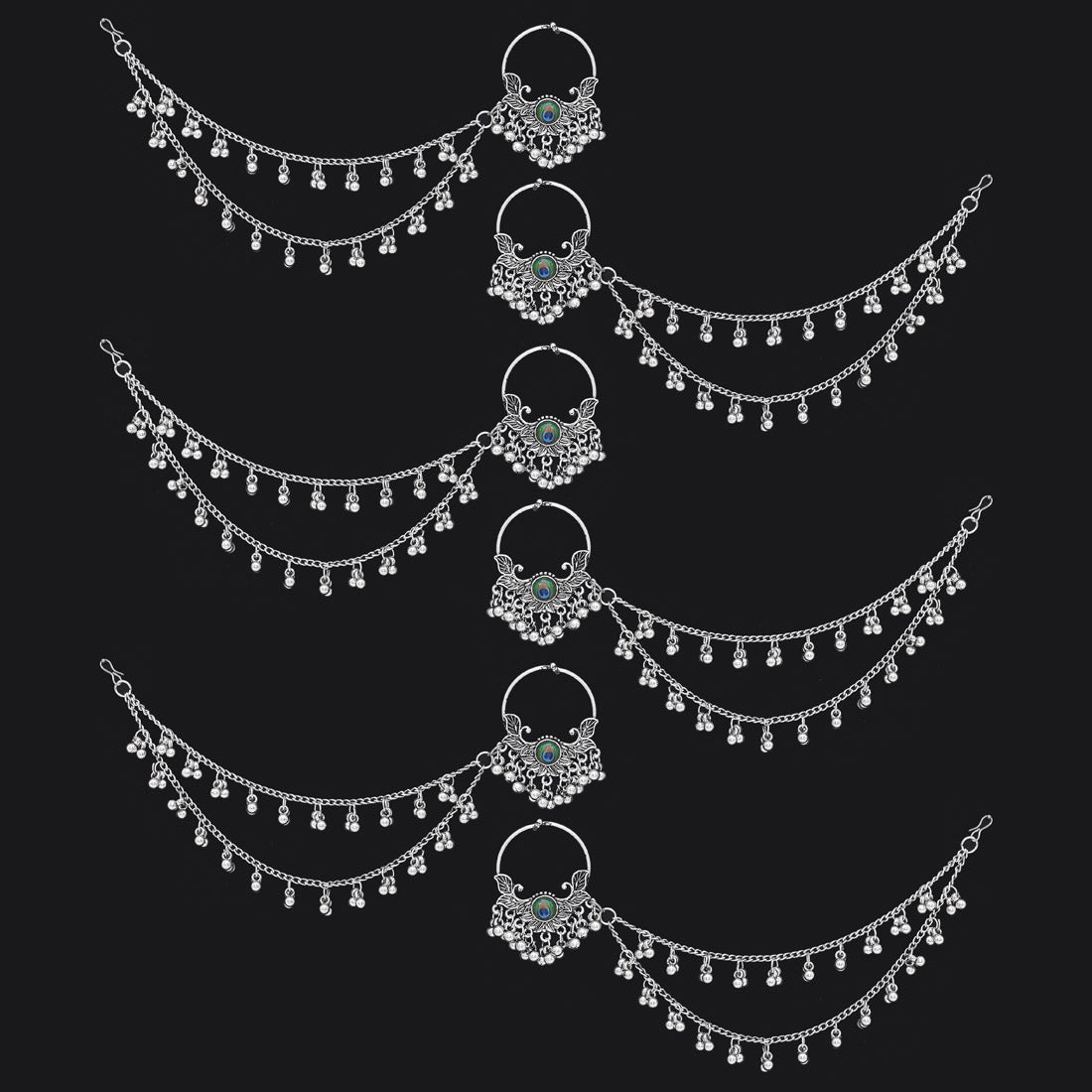 Silver Color Peacock Feather 6 Pieces Of Oxidised Nose Nath (NTH115CMB)