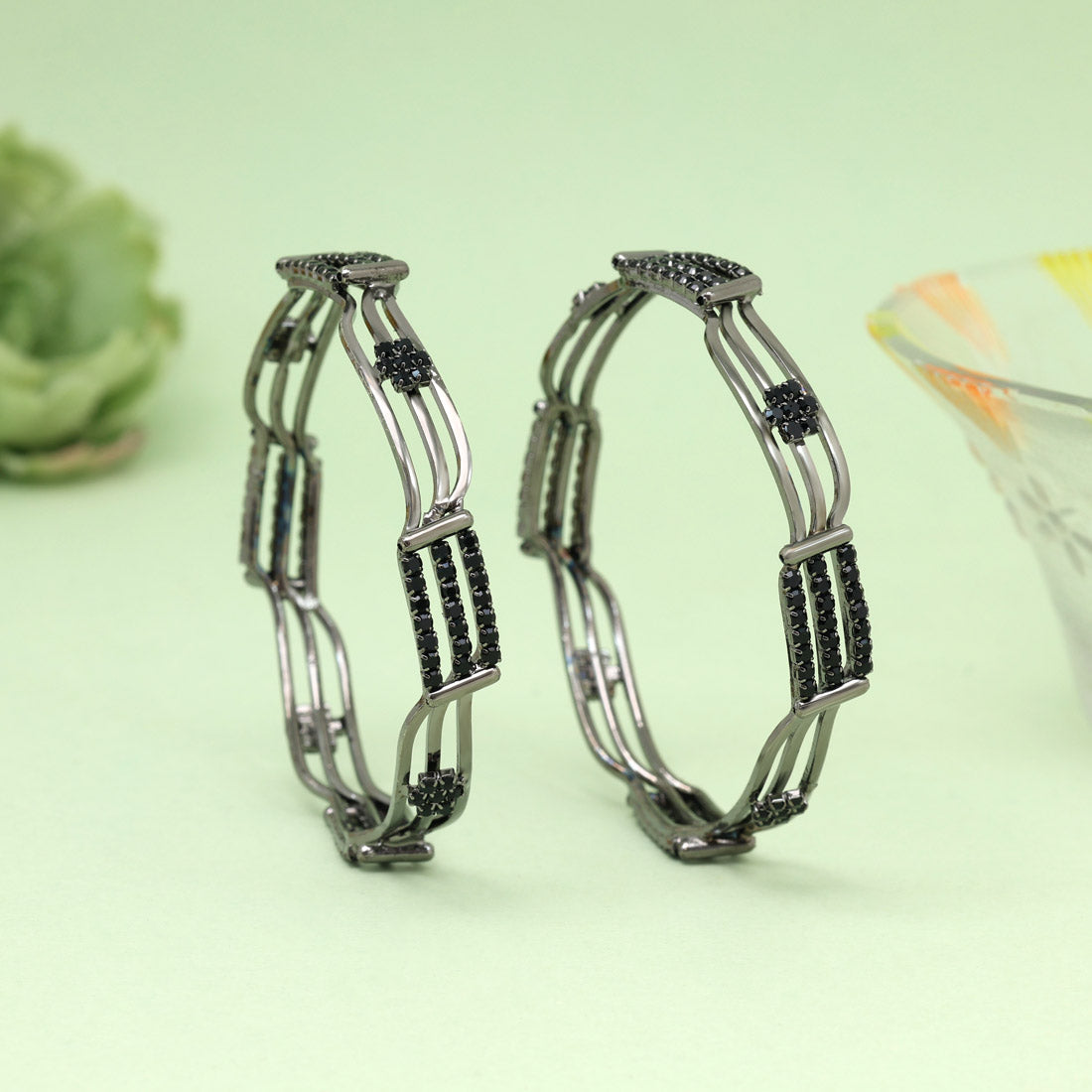 Black Color 1 Pair Bangle Size: 2.4 (PLKB867BLK-2.4)