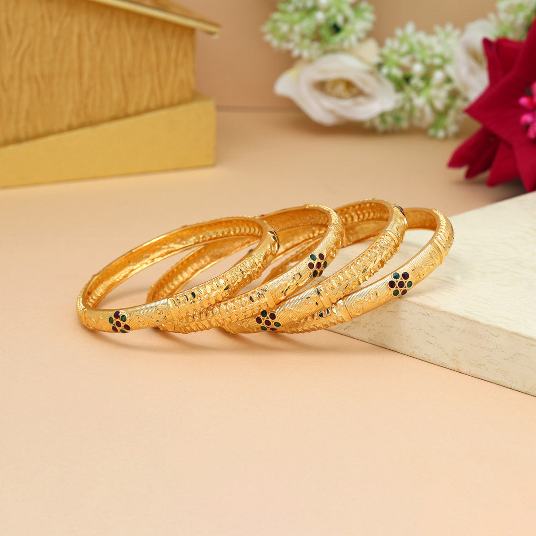 Gold Color Meena Work 1 Set Of Bangle Size: 2.8 (PLKB878GLD-2.8)