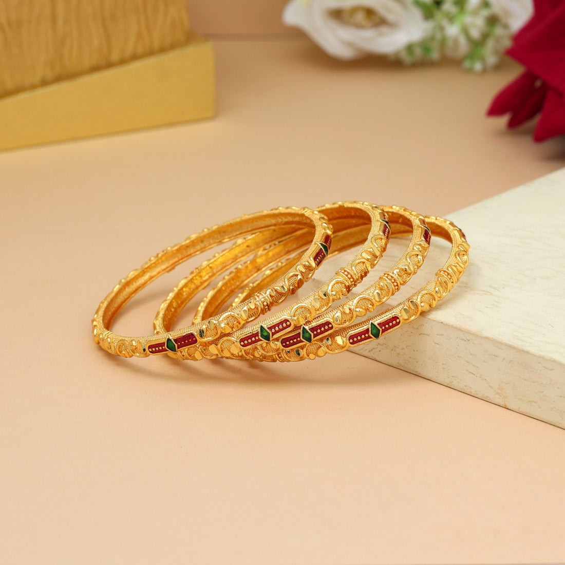 Gold Color Meena Work 1 Set Of Bangle Size: 2.10 (PLKB882GLD-2.10)