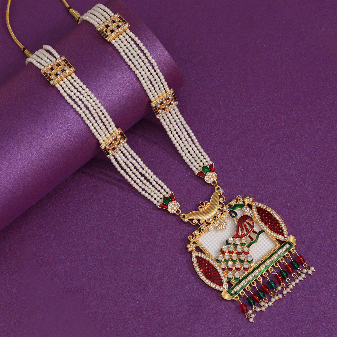 Maroon & Green Color Peacock Inspired Meena Work Rajputi Jewellery Rani Haar (PN810MG)