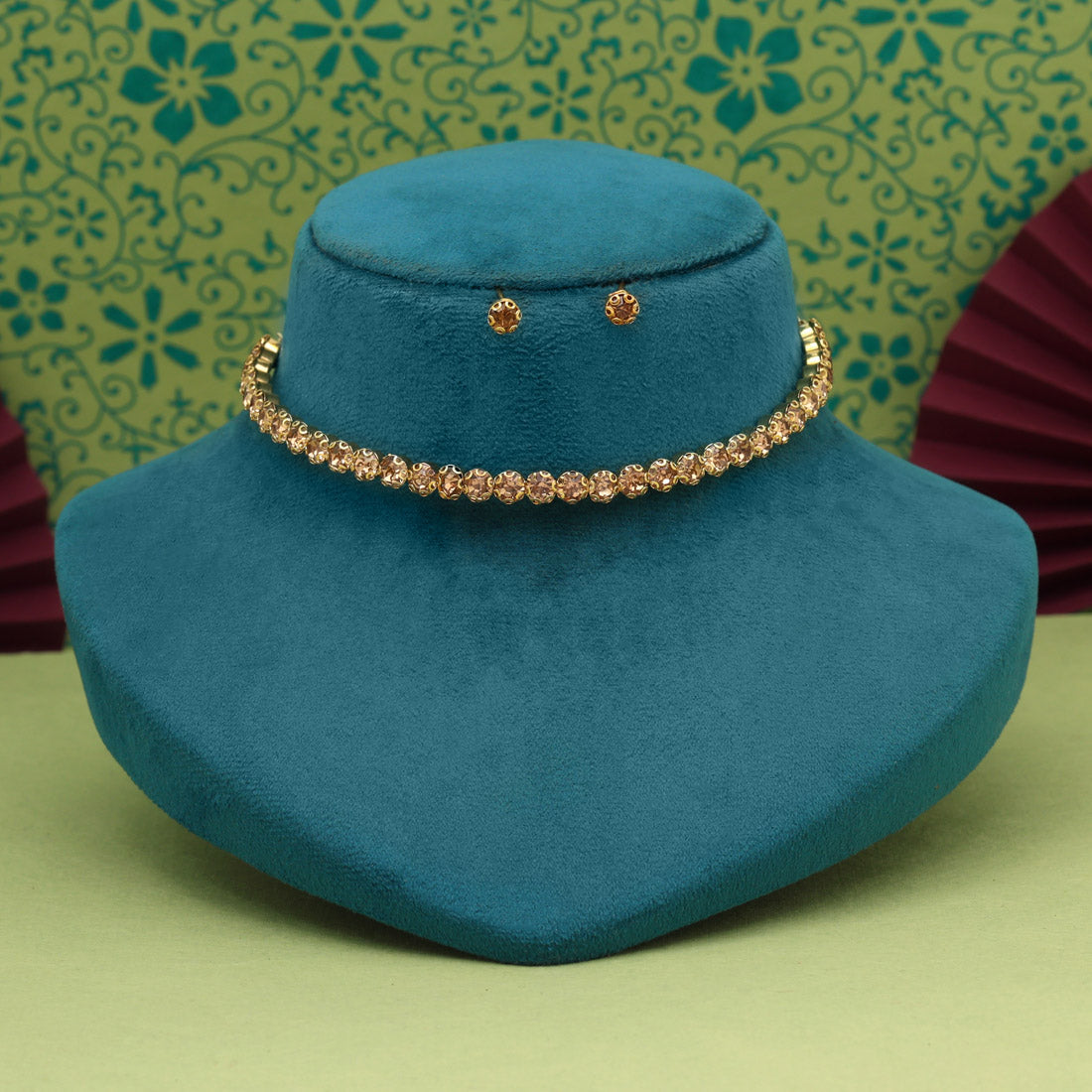 Gold Color Choker Stone Necklace Set (STN204GLD)