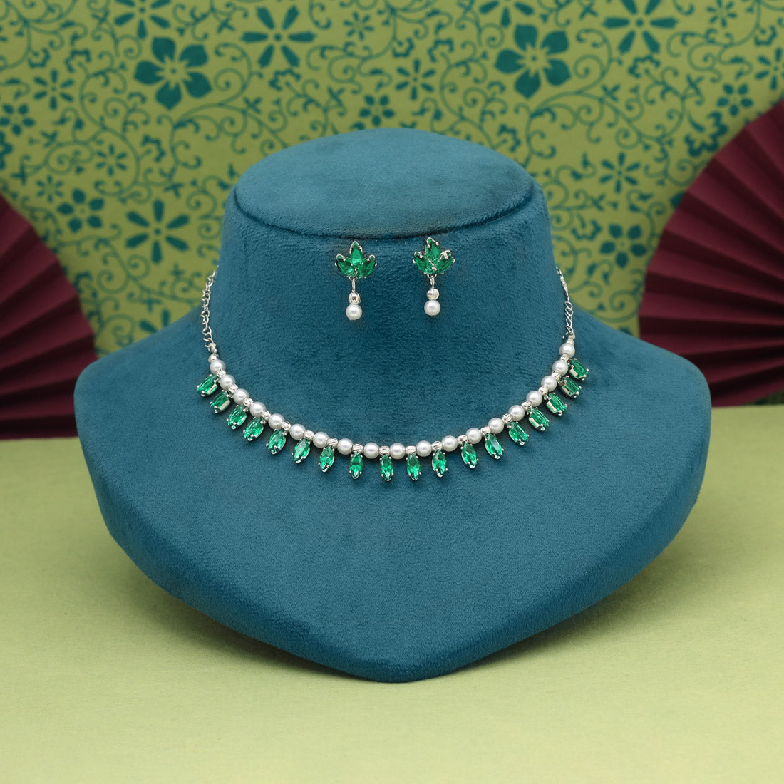Green Color Stone Necklace Set (STN208GRN)