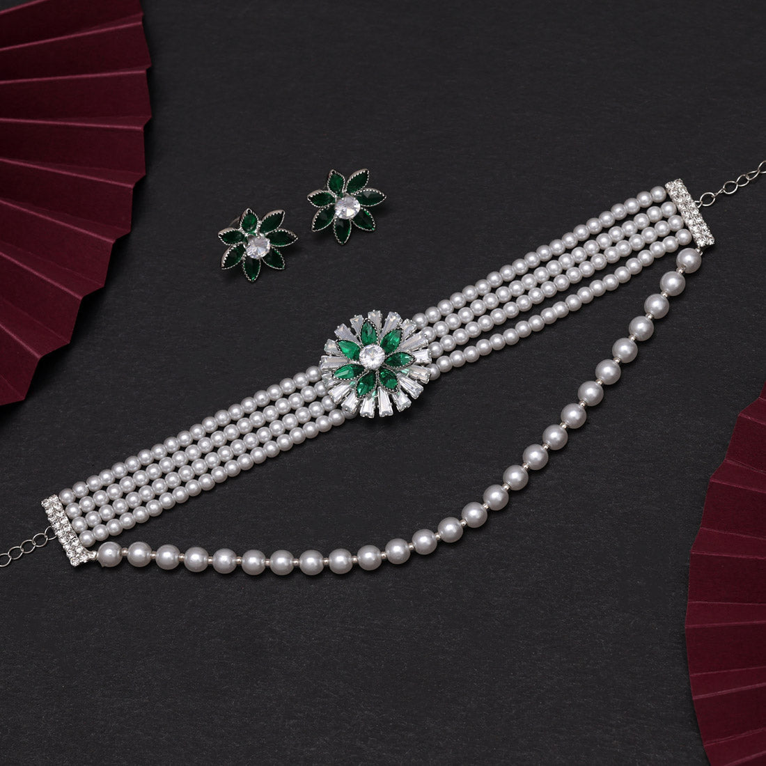 Green Color Choker Stone Necklace Set (STN211GRN)