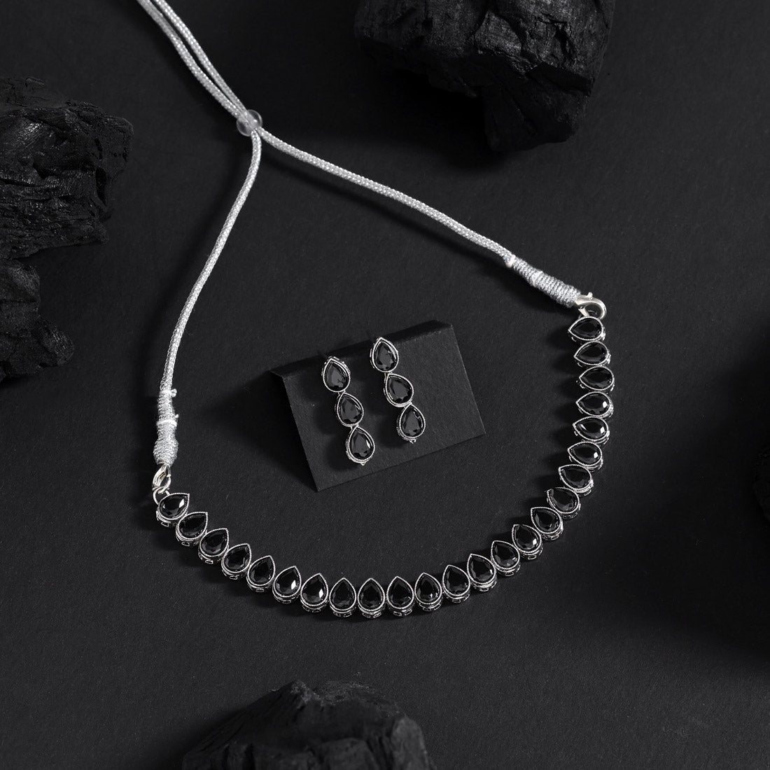 Black Color Stone Necklace Set (STN228BLK)