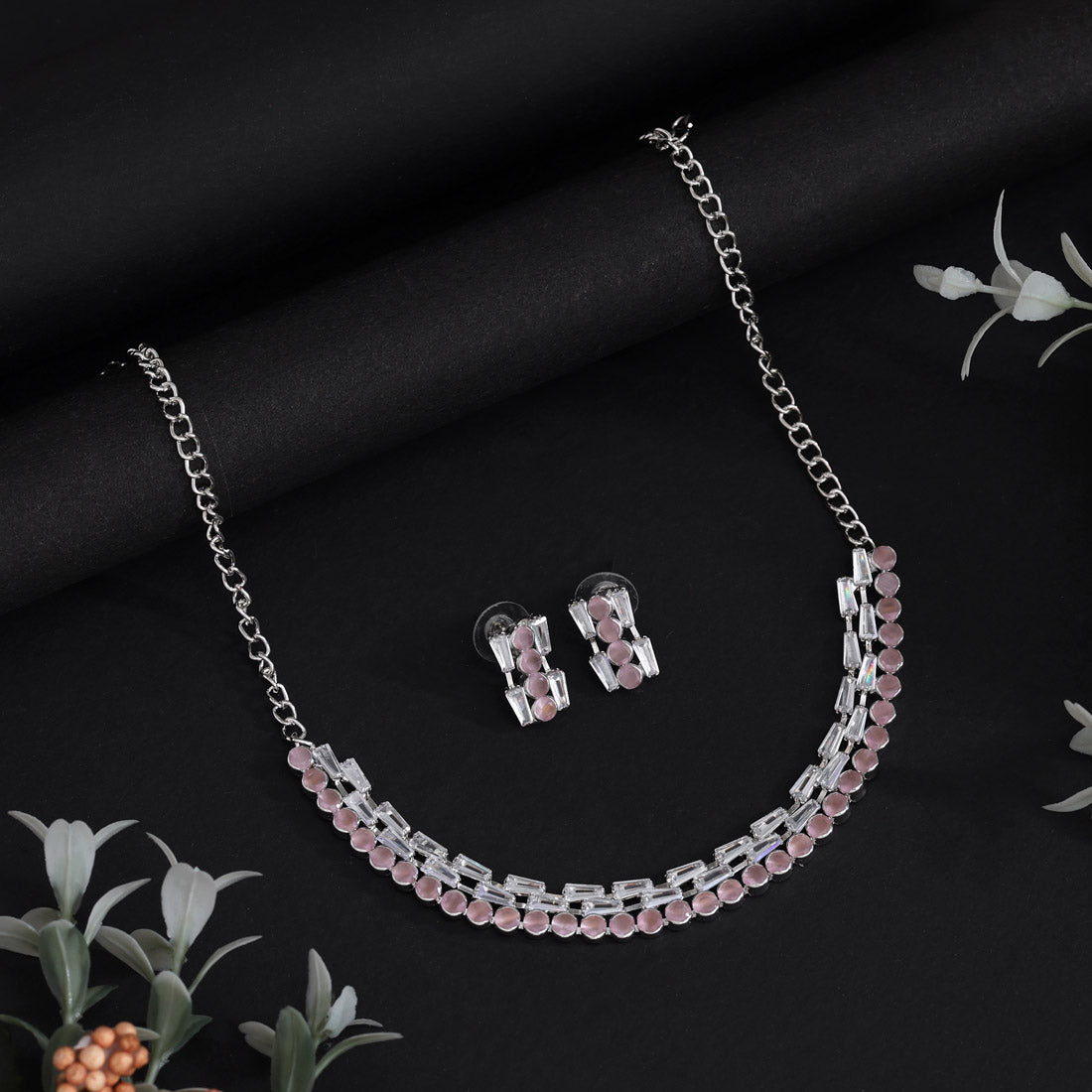 Baby Pink Color Stone Necklace Set (STN237BPNK)