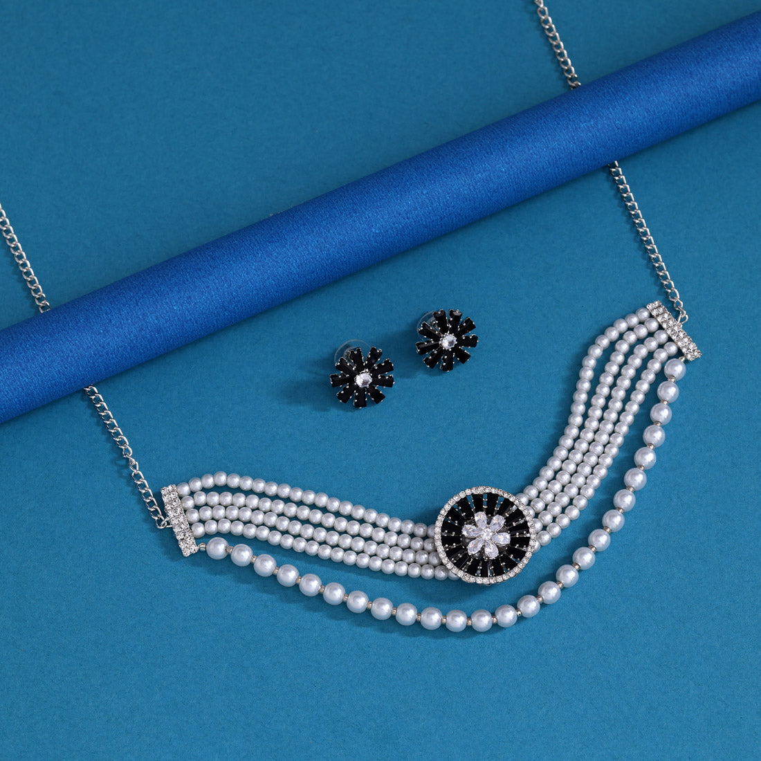 Black Color Choker Stone Necklace Set (STN238BLK)
