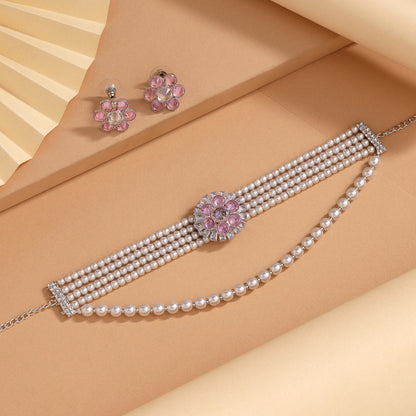 Baby Pink Color Choker Stone Necklace Set (STN244BPNK)