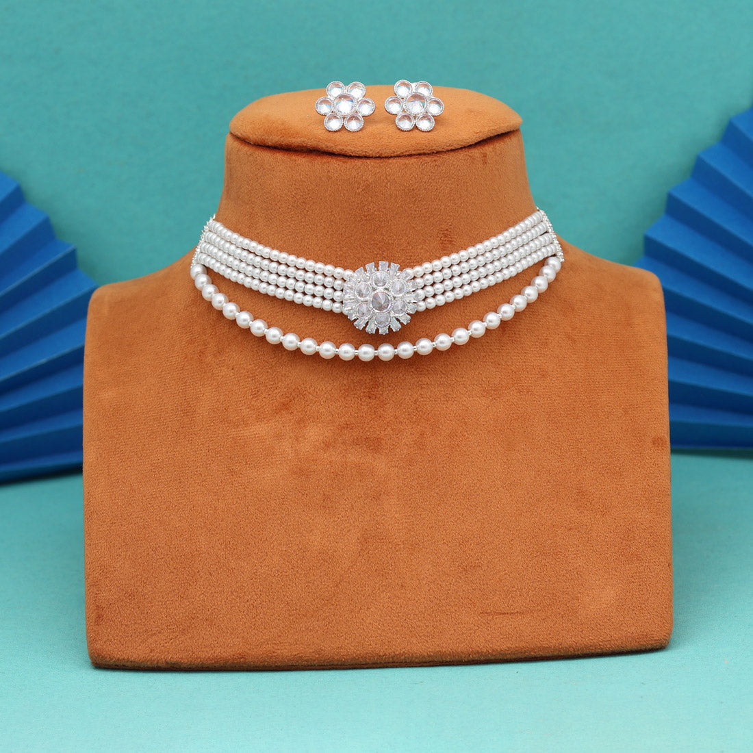 White Color Choker Stone Necklace Set (STN244WHT)