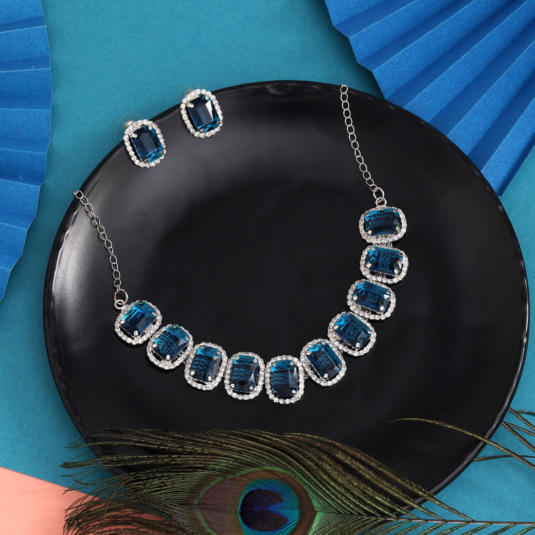 Turquoise Blue Color Stone Necklace Set (STN246TBLU)