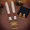 Maroon & Green Color Vilandi Kundan Long Matte Gold Rajwadi Temple Necklace Set (TPLN306MG)