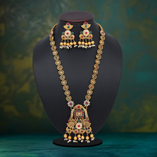 Maroon & Green Color Vilandi Kundan Matte Gold Rajwadi Temple Necklace Set (TPLN318MG)