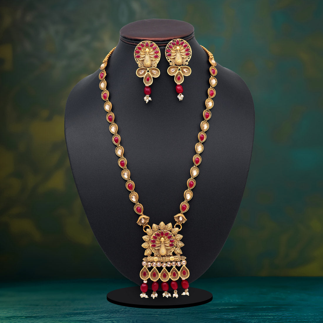 Rani Color Vilandi Kundan Matte Gold Rajwadi Temple Necklace Set (TPLN319RNI)